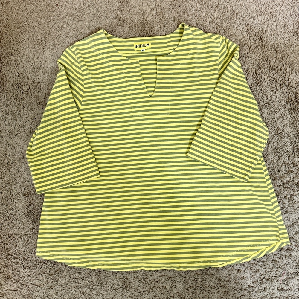 Iridium Women's V-neck Striped Top 3/4 Sleeve Yellow Gray size M Casual Classic